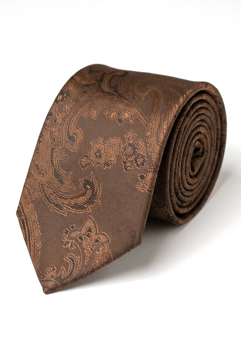 Set cadou cravată maro cu model Paisley, butoni de manșetă, cravată cu imprimeu floral din satin