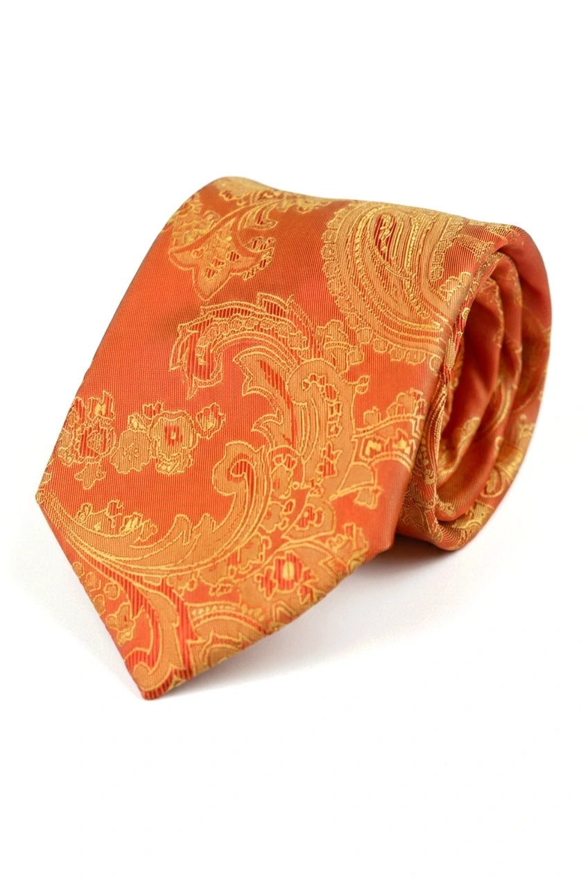 Set cadou cravată portocalie cu model Paisley, batistă de buzunar, butoni de manșetă, cravată florală din satin
