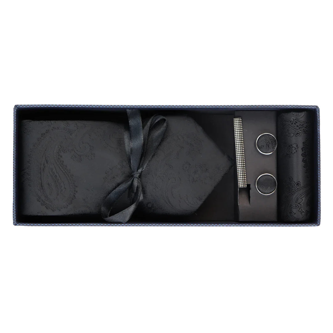 Paisley Neck Black Tie Gift Set Pocket Square Cuff Links Floral Satin