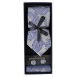 Paisley Neck Blue Tie Gift Set Pocket Square Cuff Links Floral Satin
