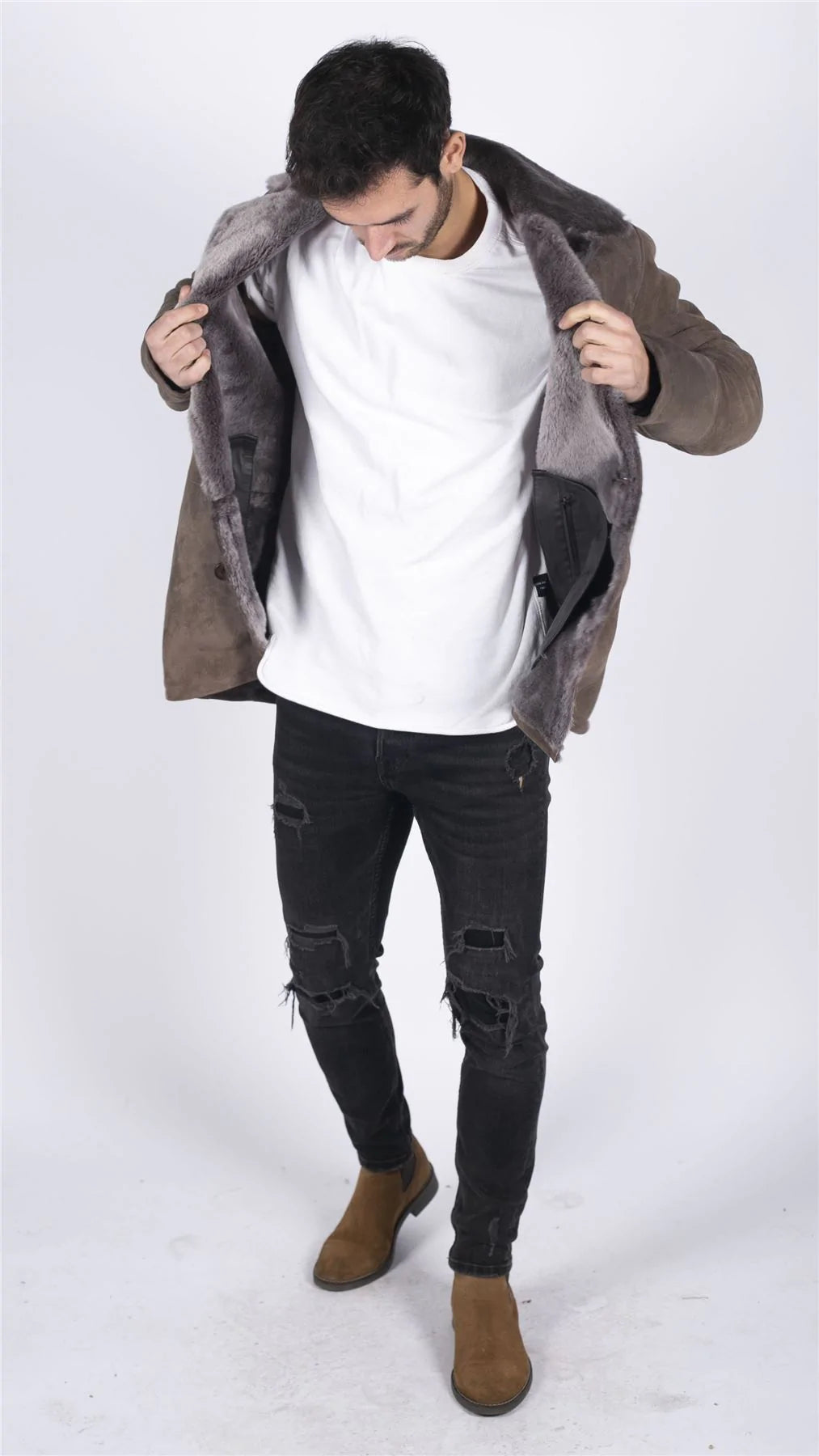 Mens Real Sheepskin Coat Beige Vintage Classic 3/4 Jacket Button Down V Neck