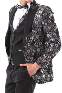 Mens Black Silver Paisley Tuxedo Suit 3 Piece Wedding Prom Party Grooms Tailored