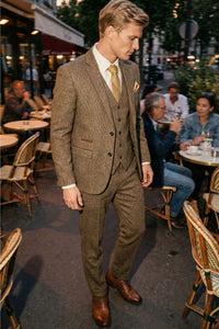 Costum bărbătesc din tweed, 3 piese, maro