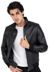 Real Lamb Leather Black Bomber Jacket for Men Regular Fit - B210