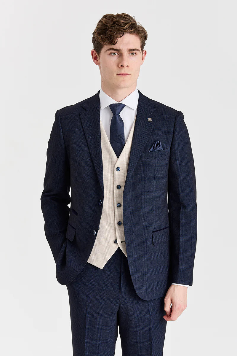 Costum Regent Navy Check cu vestă Regent Crem în contrast