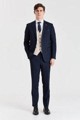 Costum Regent Navy Check cu vestă Regent Crem în contrast