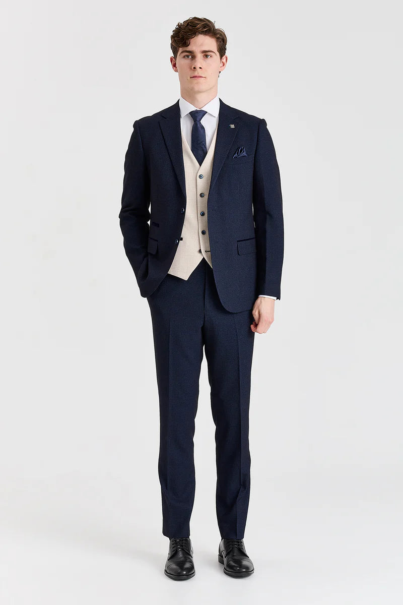 Costum Regent Navy Check cu vestă Regent Crem în contrast