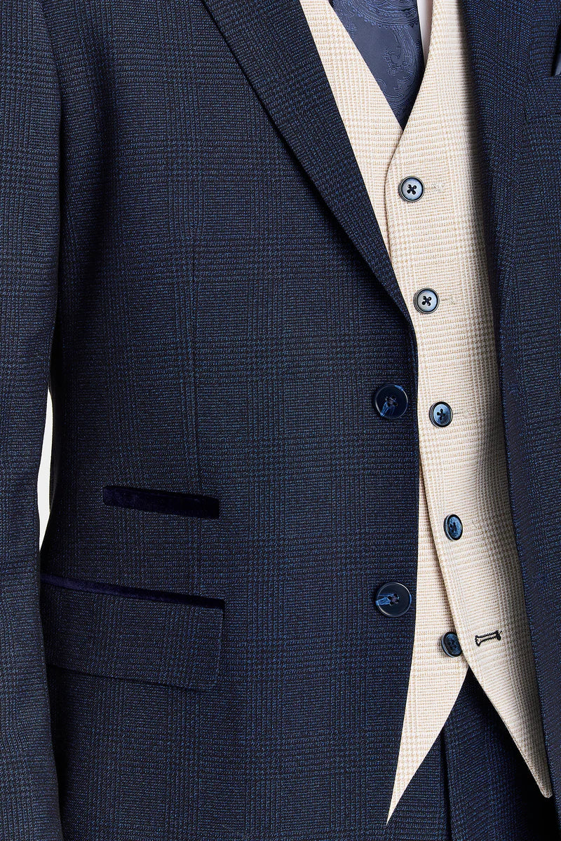 Costum Regent Navy Check cu vestă Regent Crem în contrast