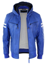 Men's Realy Leather Bomber Jacket with Hood-Blue