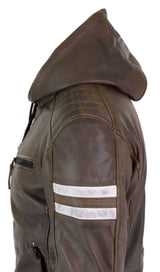 Men's Real Leather Bomber Jacket with Hood-Brown