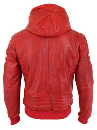 Men's Real Leather Bomber Jacket with Hood-Red