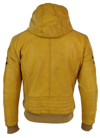 Men's Real Leather Bomber Jacket with Hood-Yellow