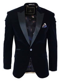 Cavani Rosa - Mens Soft Velvet Black Navy 1 Button Dinner Jacket Tuxedo Blazer Smart Casual Fit-Navy