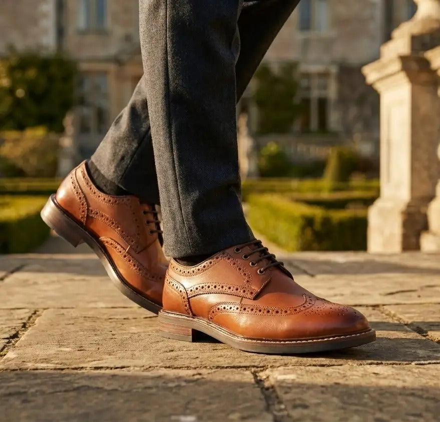Stokes - Pantofi sport bărbătești cu șireturi, din piele maro deschis, tip brogue, cu vârfuri laterale