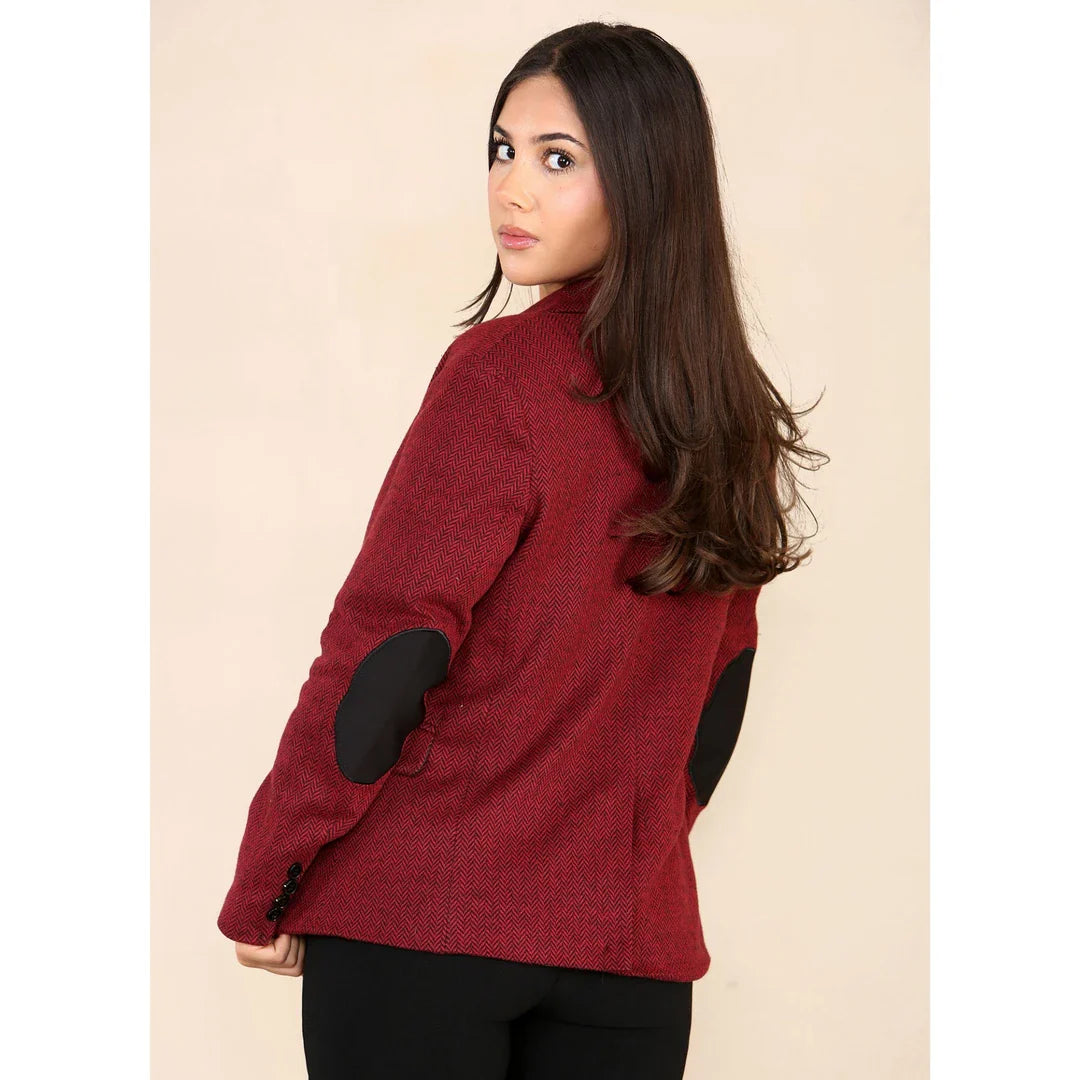 Sacou damă din tweed cu model herringbone, roșu vin, clasic, anii 1920