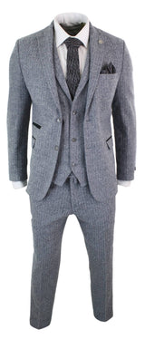 Men's Light Grey 3 Piece Tweed Herringbone Suit - STZ11