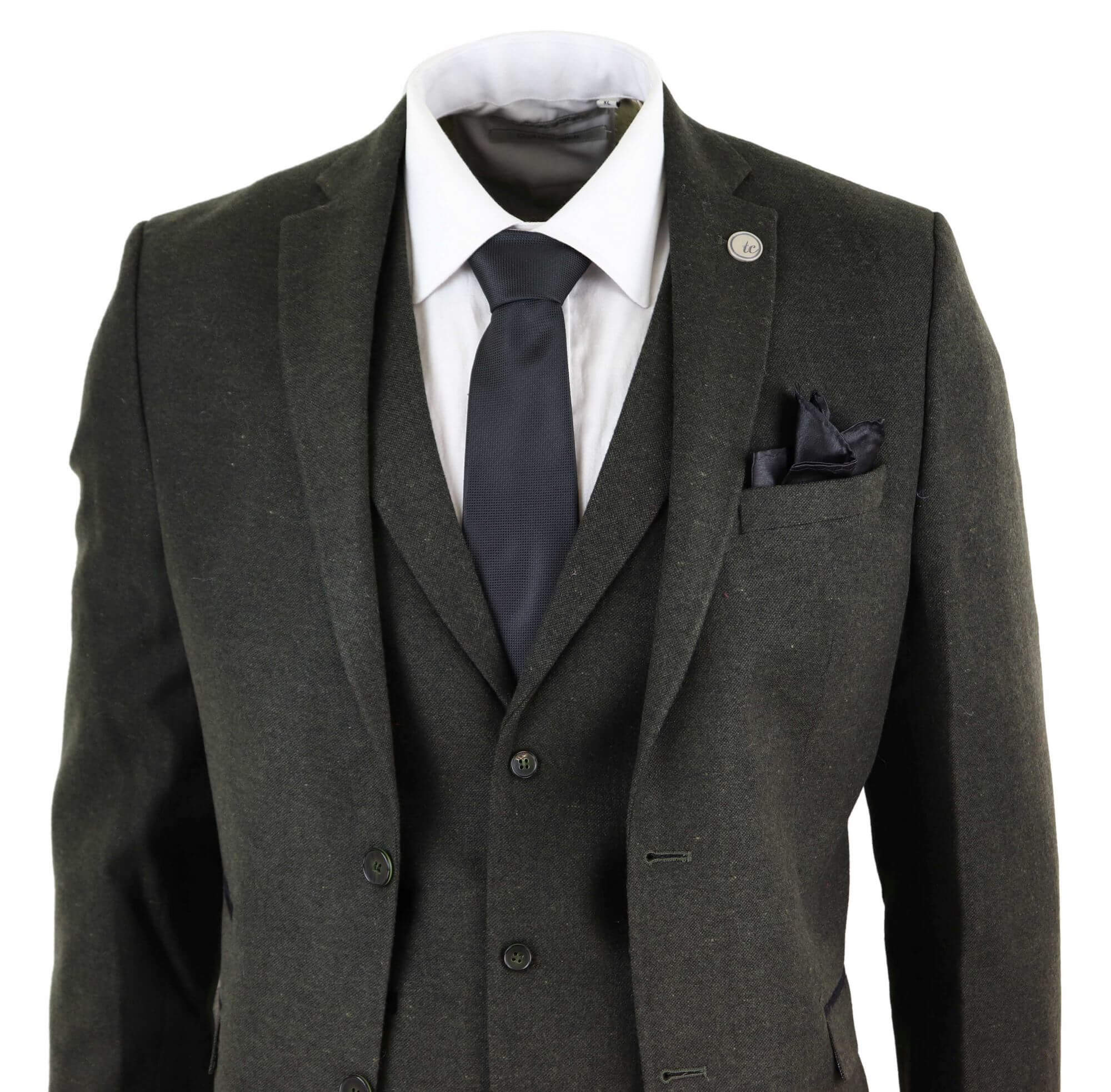 Mens Olive Green Wool Tweed 3 Piece Suit - STZ11