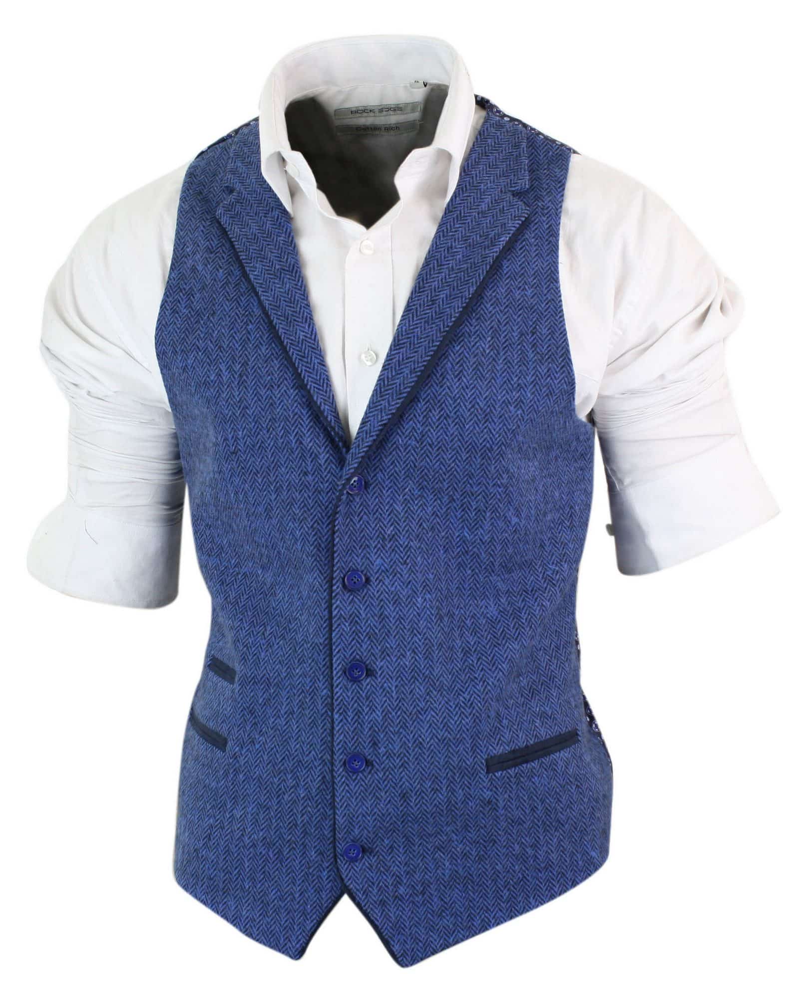 Mens Blue Waistcoat Tweed Herringbone Wool Peaky Blinders Vintage Retro
