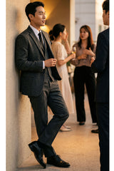 Costum bărbătesc gri cărbune din 3 piese, model herringbone, din tweed - STZ11