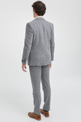 Costum bărbătesc gri deschis, 3 piese, model herringbone, din tweed - STZ11