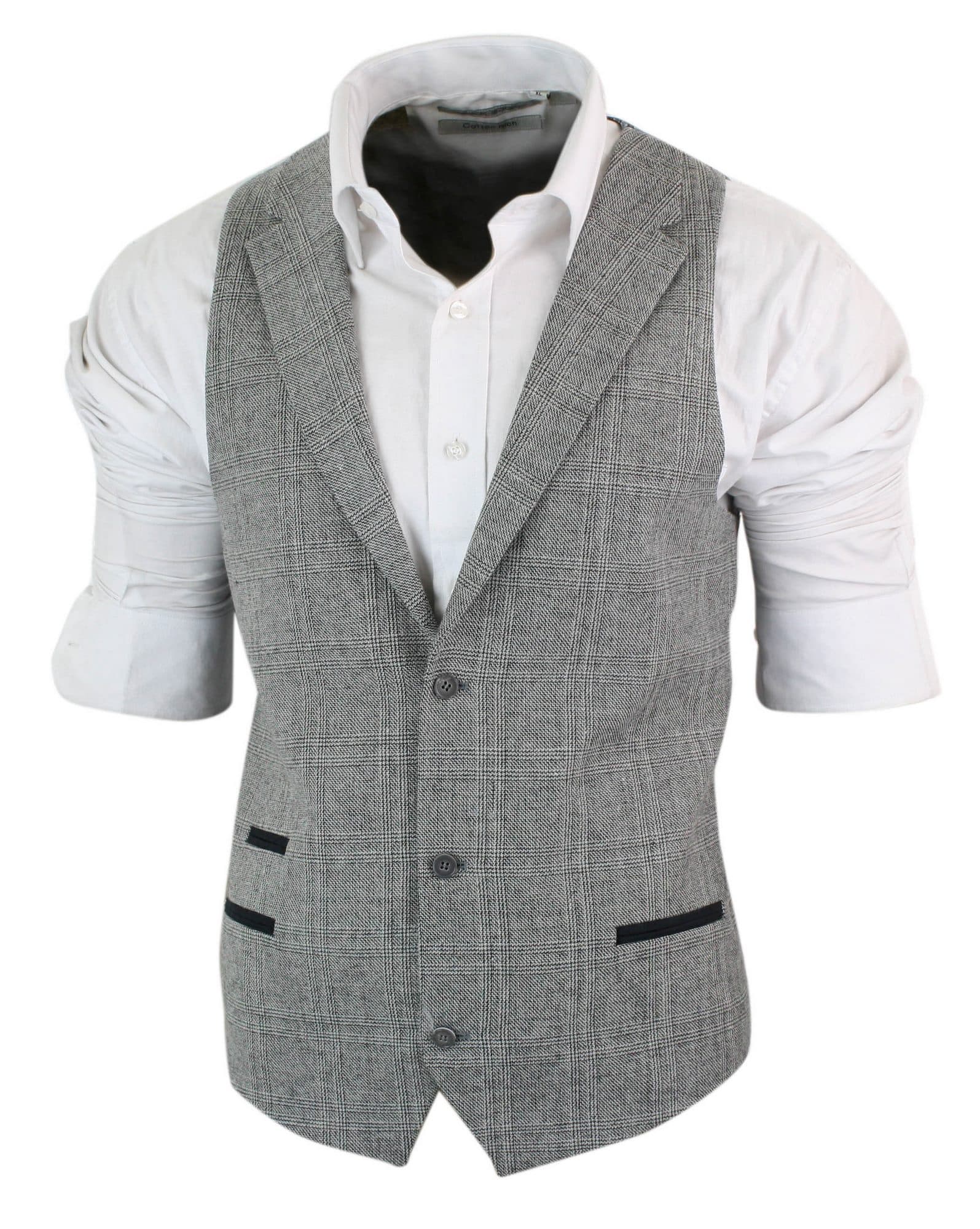 Mens Waistcoat Wool Check Herringbone Tweed Brown Black Classic Vintage Fit