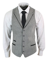 Mens Waistcoat Wool Check Herringbone Tweed Brown Black Classic Vintage Fit