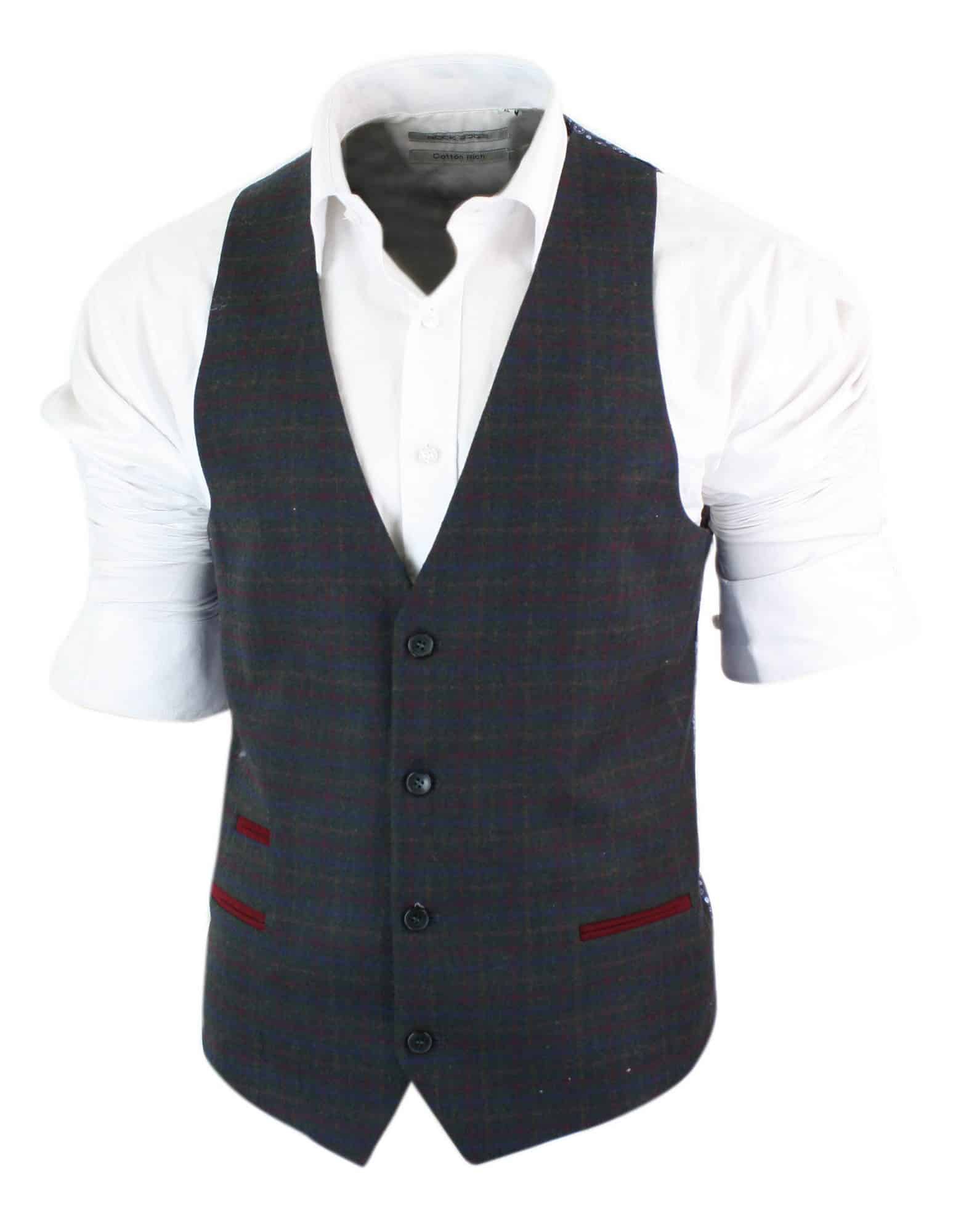 Mens Waistcoat Wool Olive Green with Red Blue Brown Check Tweed Classic Vintage Tailored Fit