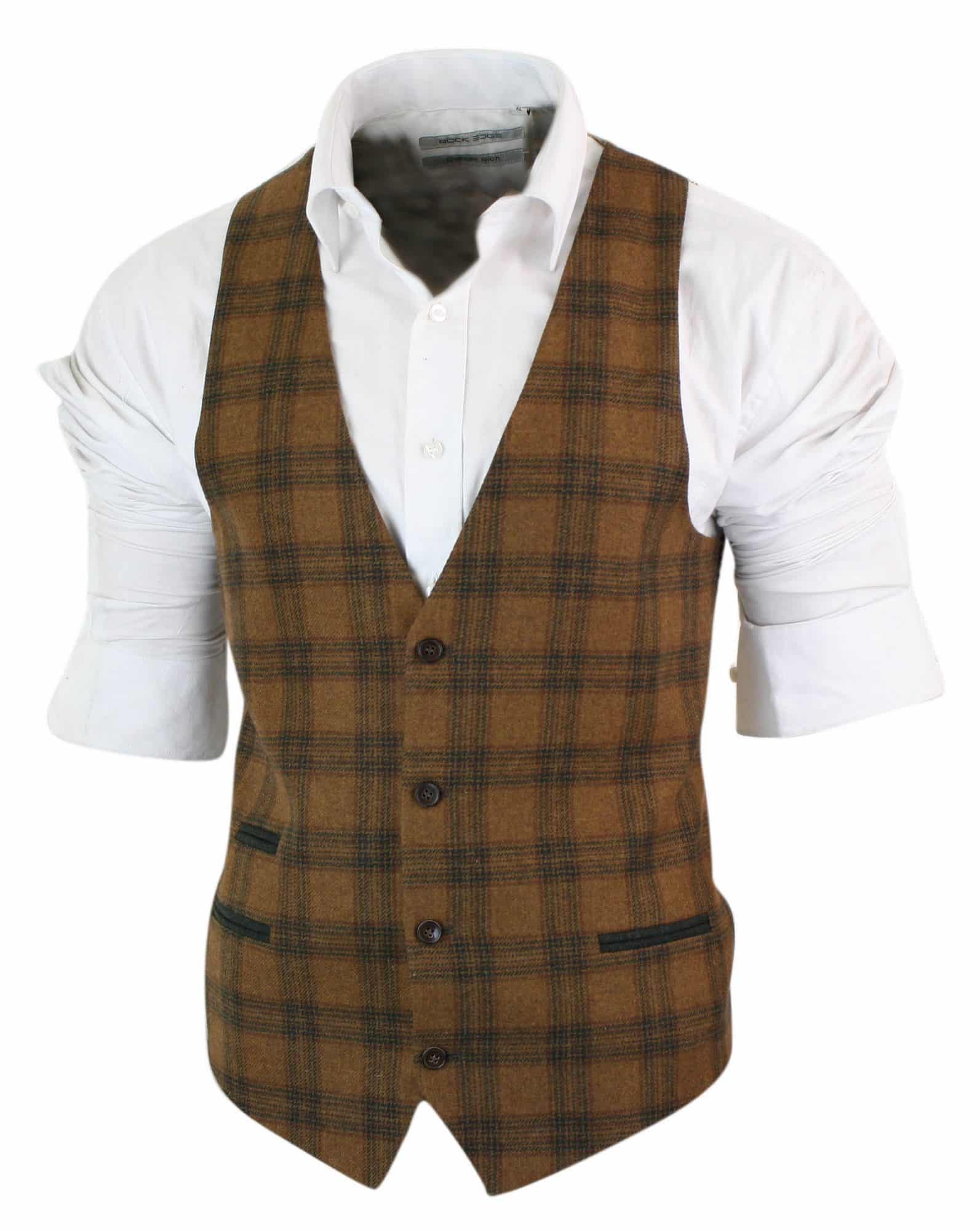 Mens Waistcoat Wool Tan Brown Check Tweed Classic Vintage Tailored Fit