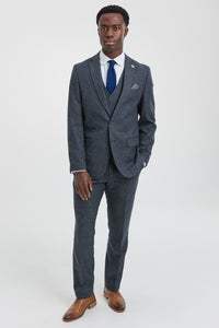 Costum bărbătesc bleumarin din 3 piese cu vestă dublă de nasture