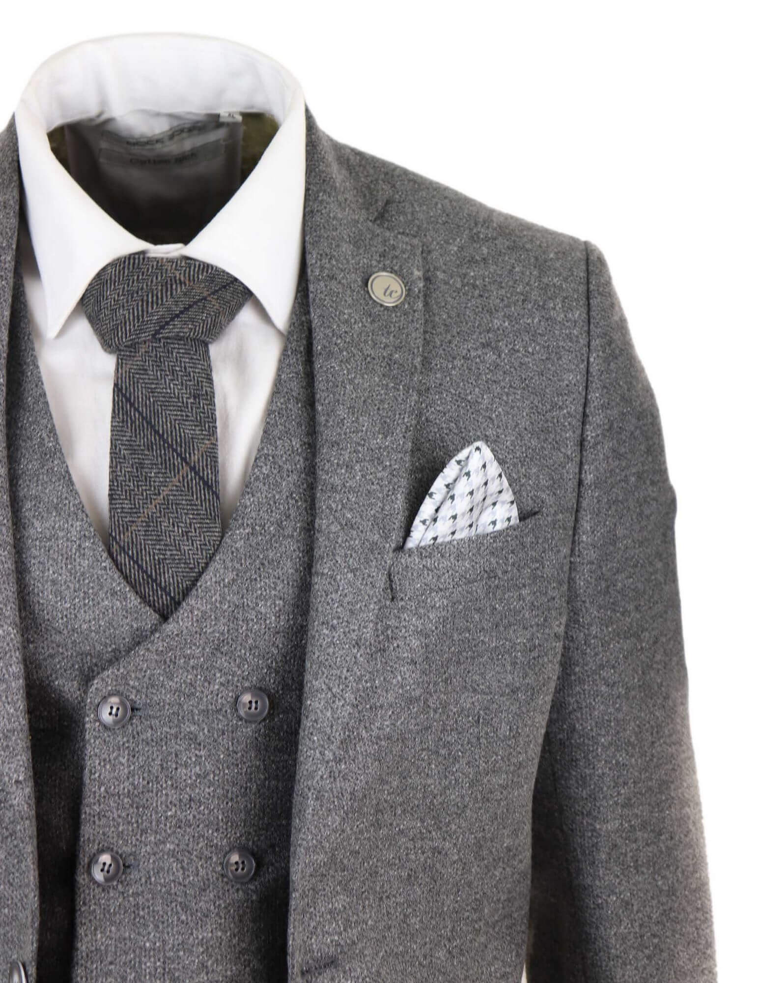 Mens 3 Piece Grey Suit with Double Breasted Waistcoat