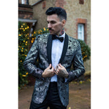 STZ64-65 - Men's Velvet Paisley Floral Blazer Silver Black Tuxedo Jacket