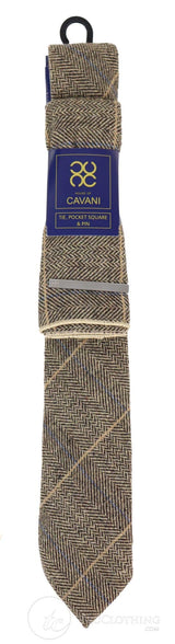 Tan-Brown Check Tweed Tie with Hankie and Tie Clip - Tan Brown