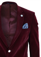 Mens Velvet Blazer Suit Jacket 2 Button Dinner Smart Casual Formal Tailored Fit - Wine