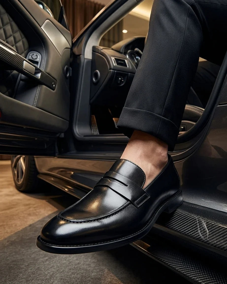 Mocasini bărbătești din piele cu vârf tip moc, negri, model Penny