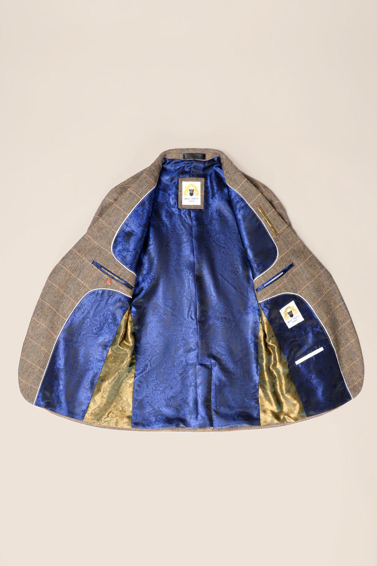 Costum bărbătesc din 3 piese, model herringbone, model maro-cenușiu, în carouri, croială dublă clasică