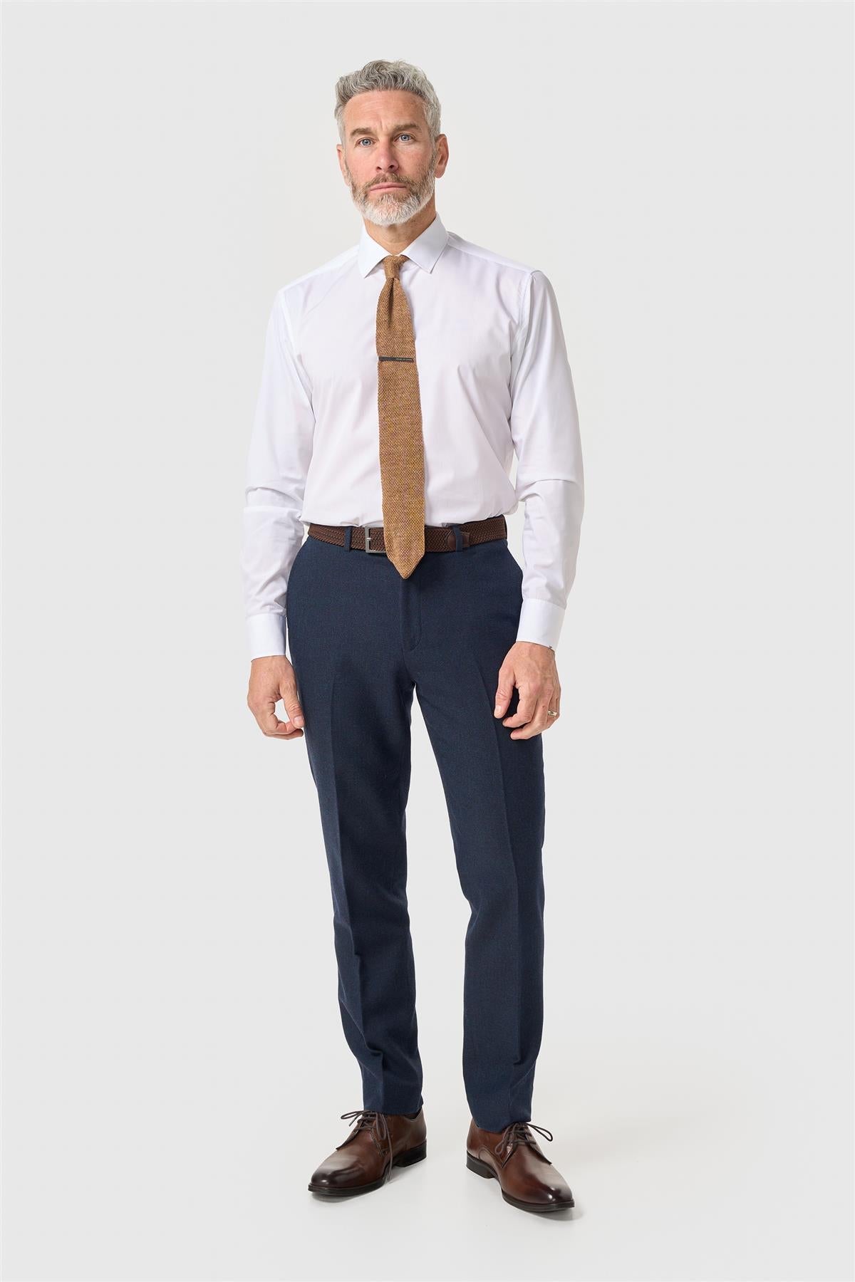 Thomas - Pantaloni bărbătești din tweed cu model herringbone, bleumarin, din amestec de lână