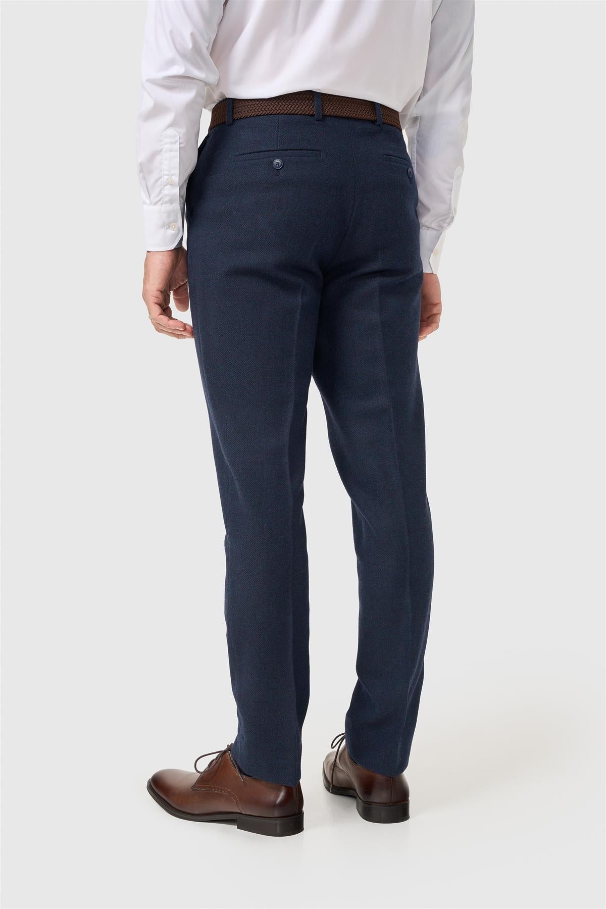 Thomas - Pantaloni bărbătești din tweed cu model herringbone, bleumarin, din amestec de lână