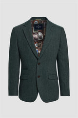 Thomas - Sacou bărbătesc verde măsliniu, model clasic din tweed cu model herringbone