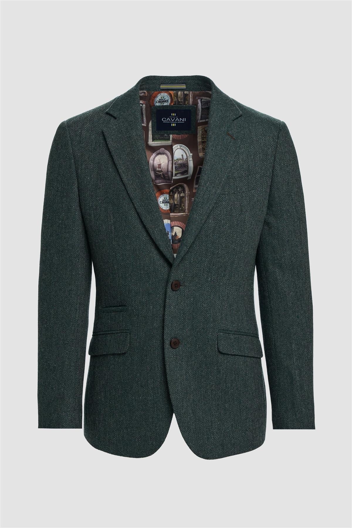 Thomas - Sacou bărbătesc verde măsliniu, model clasic din tweed cu model herringbone