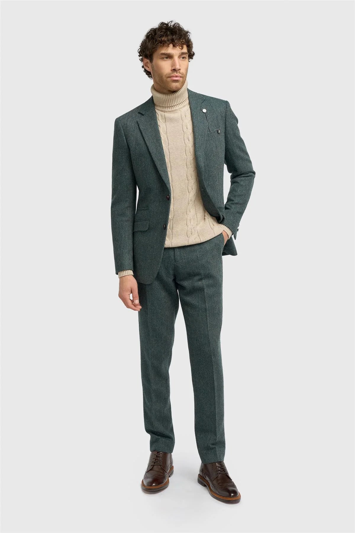 Thomas - Sacou bărbătesc verde măsliniu, model clasic din tweed cu model herringbone