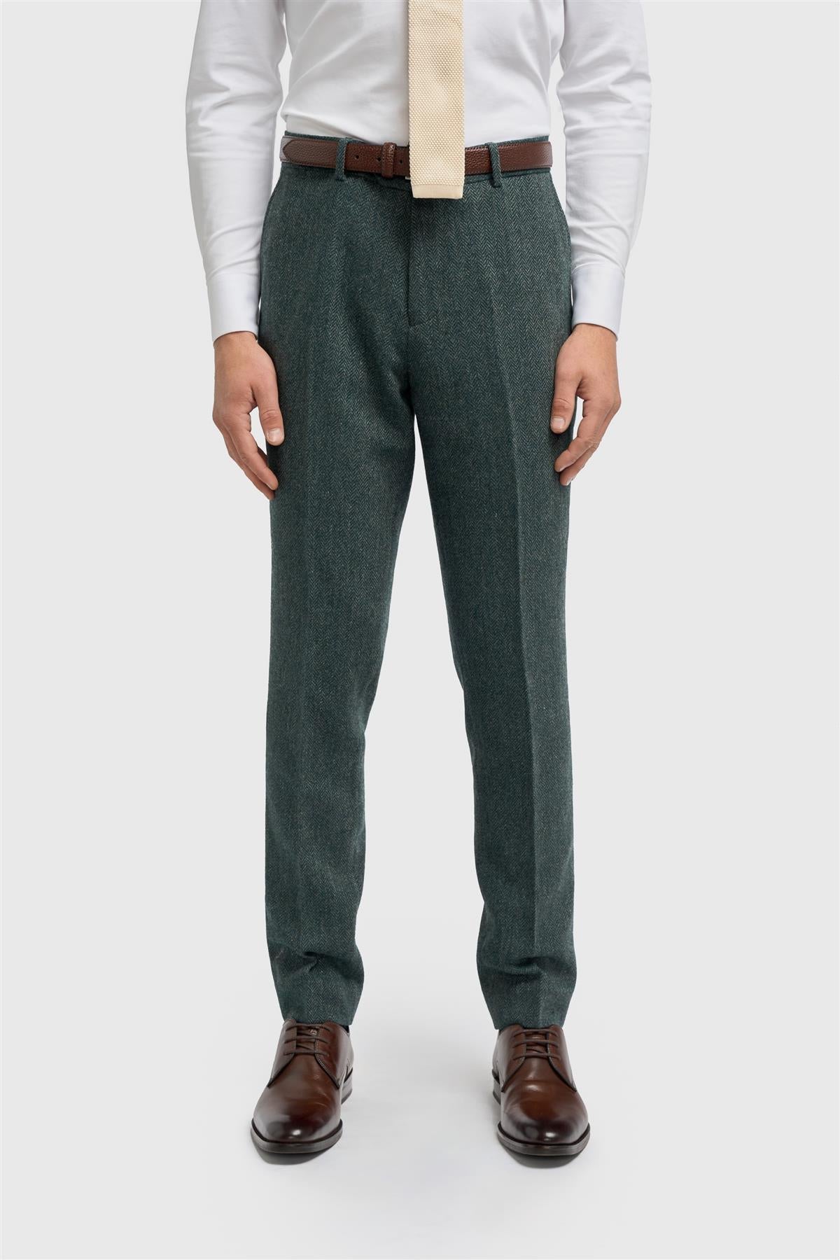 Thomas - Pantaloni bărbătești din tweed cu model herringbone, măsliniu, din amestec de lână