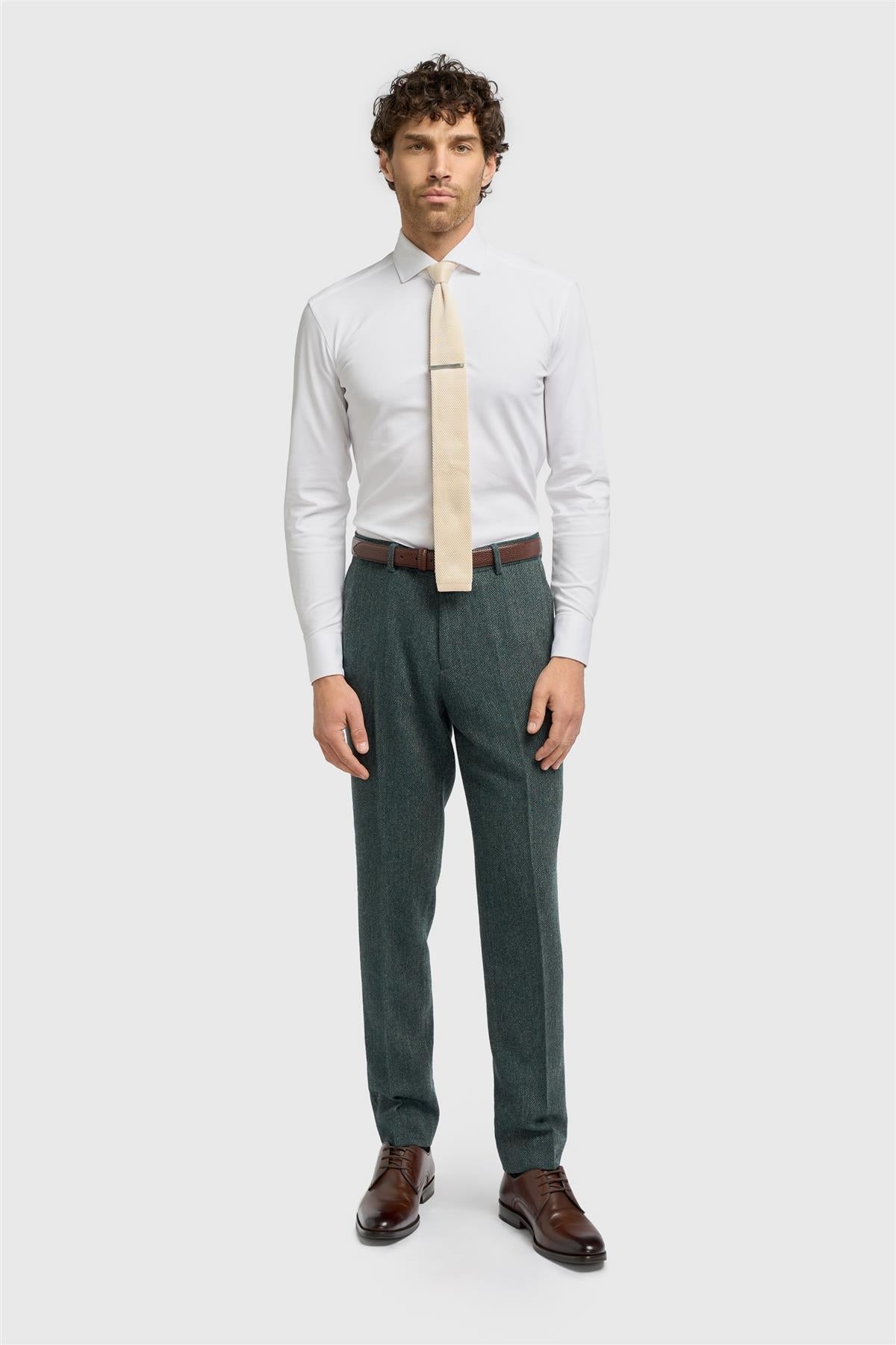 Thomas - Pantaloni bărbătești din tweed cu model herringbone, măsliniu, din amestec de lână