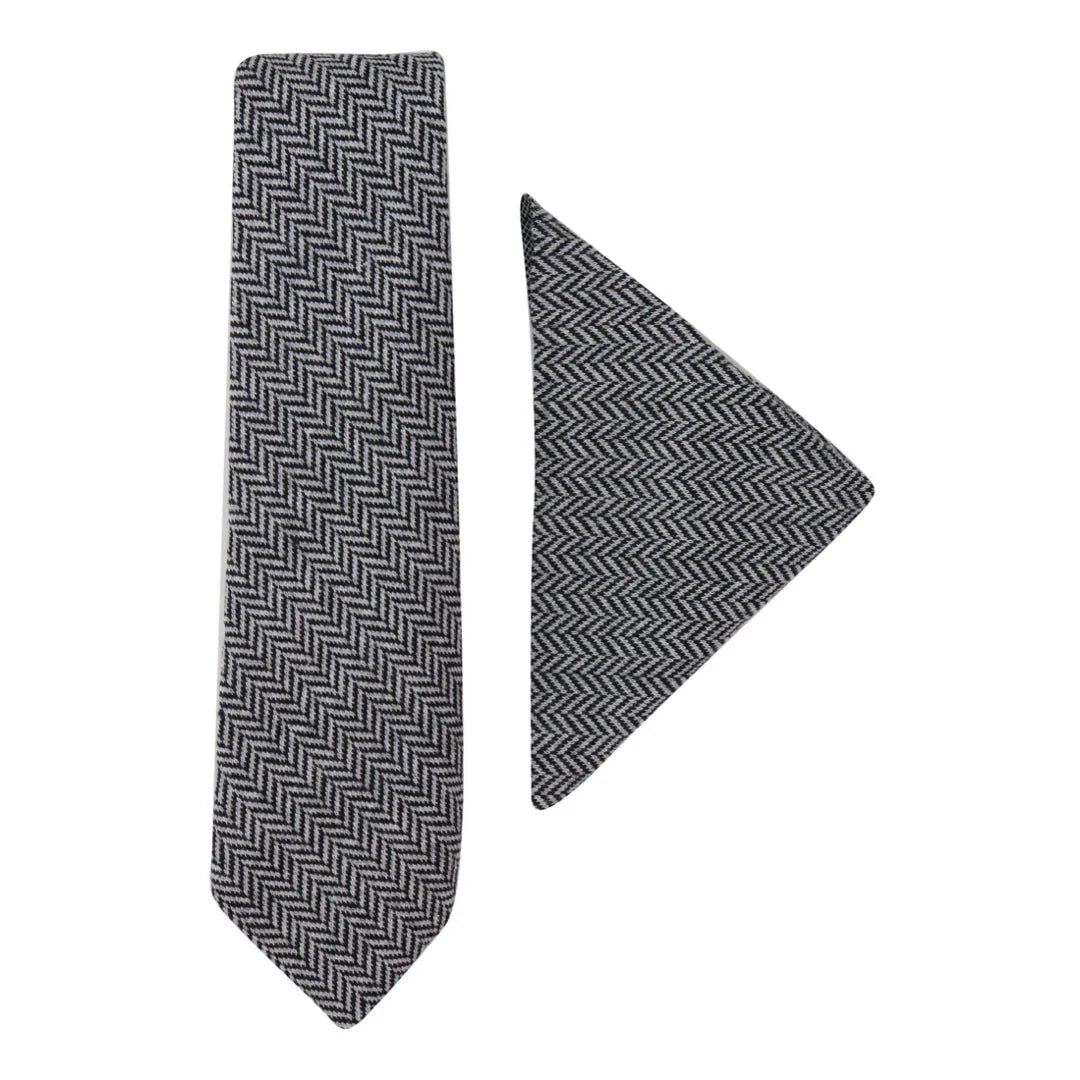 Men's Tweed Grey Tie Hankie Set Classic British Heritage Wool Herringbone
