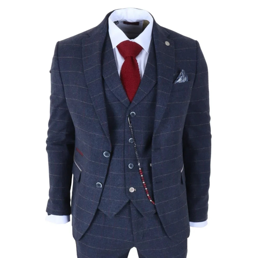 TP-32 - Costum bărbătesc din tweed, stil Gatsby, bleumarin, din 3 piese, din amestec de lână