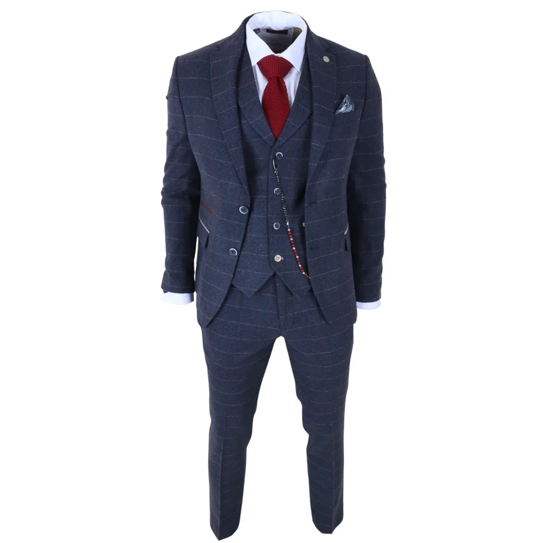 TP-32 - Costum bărbătesc din tweed, stil Gatsby, bleumarin, din 3 piese, din amestec de lână