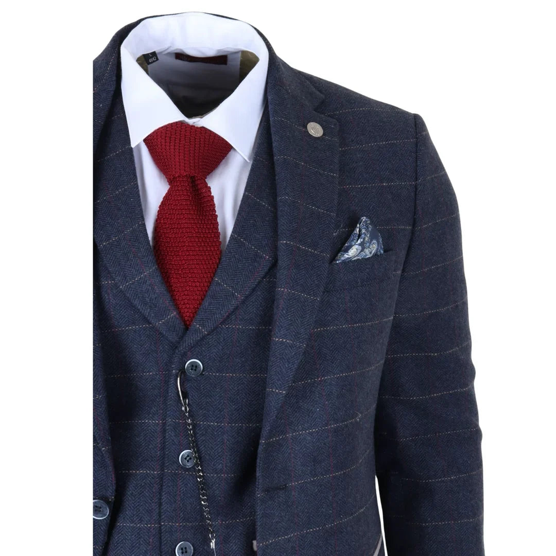 TP-32 - Costum bărbătesc din tweed, stil Gatsby, bleumarin, din 3 piese, din amestec de lână