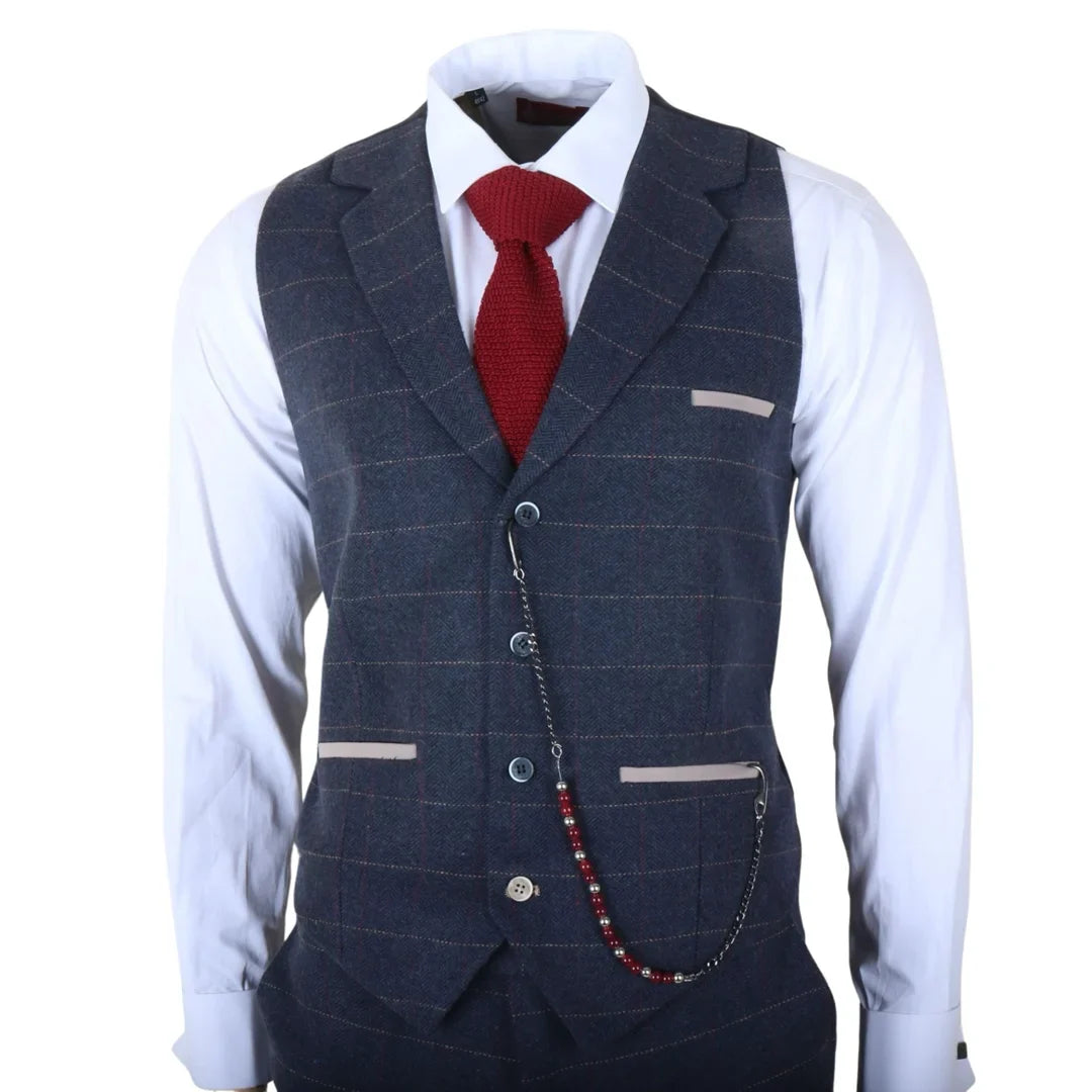 TP-32 - Costum bărbătesc din tweed, stil Gatsby, bleumarin, din 3 piese, din amestec de lână