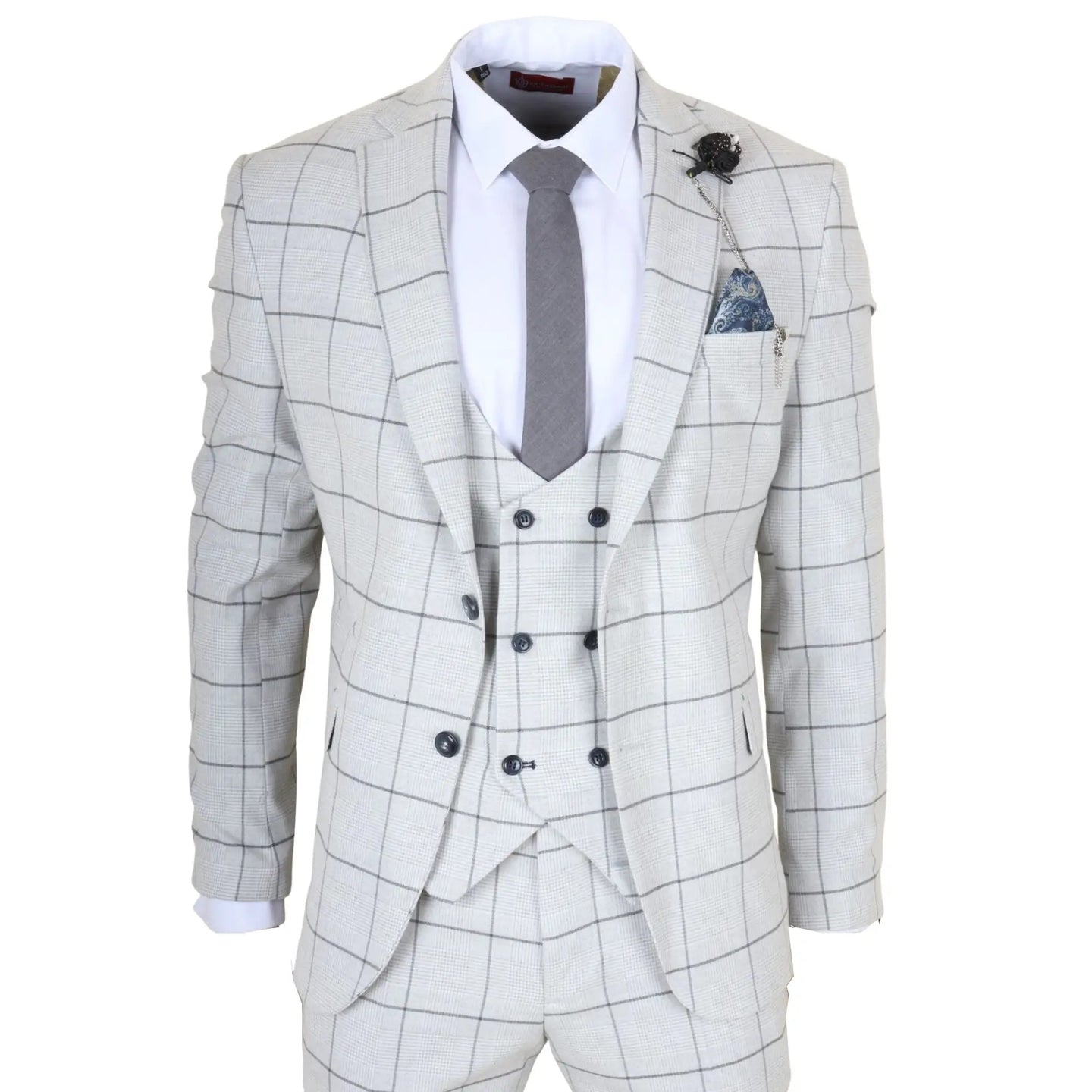 TP-33 - Costum bărbătesc din 3 piese, croială croită, gri, în carouri
