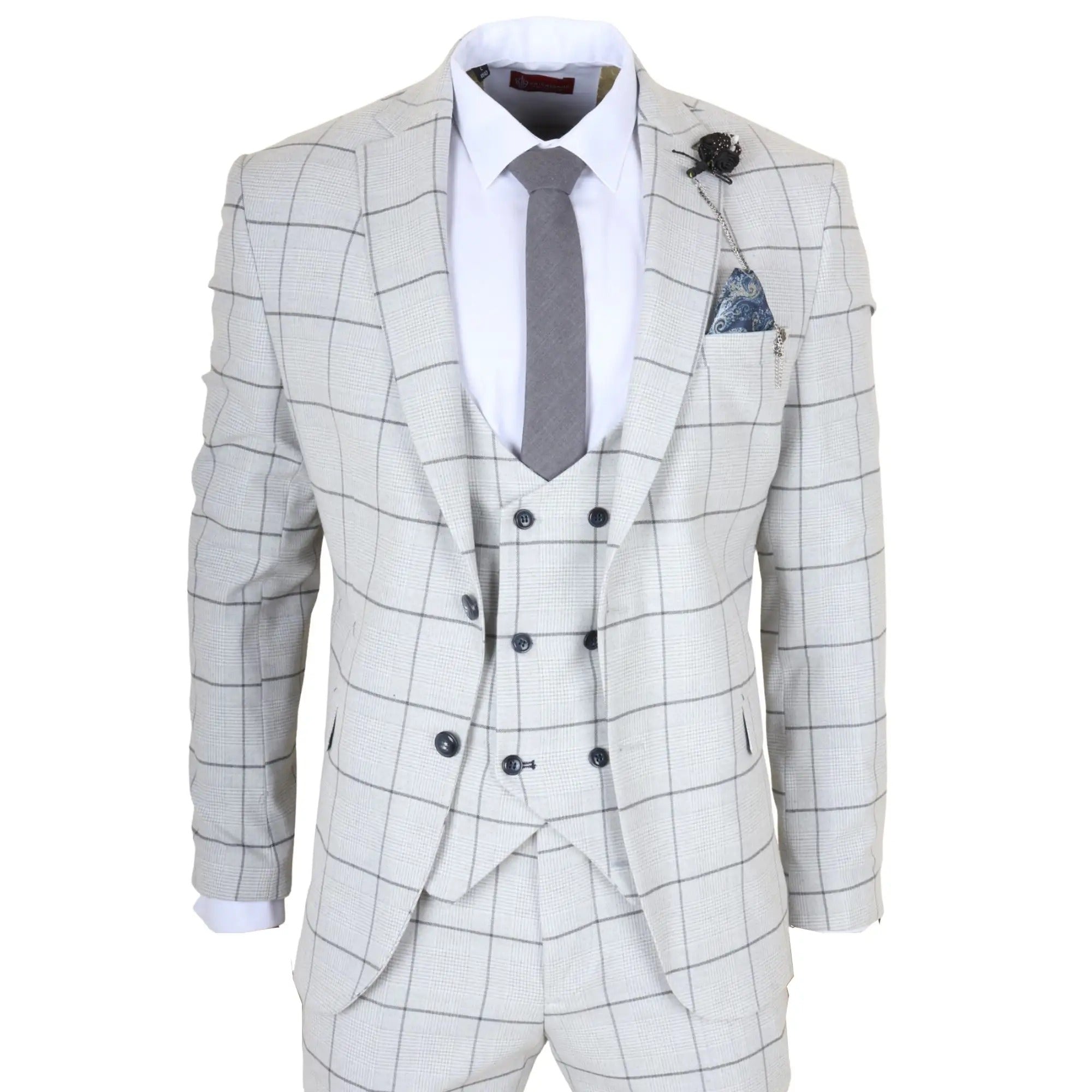 TP-33 - Costum bărbătesc din 3 piese, croială croită, gri, în carouri