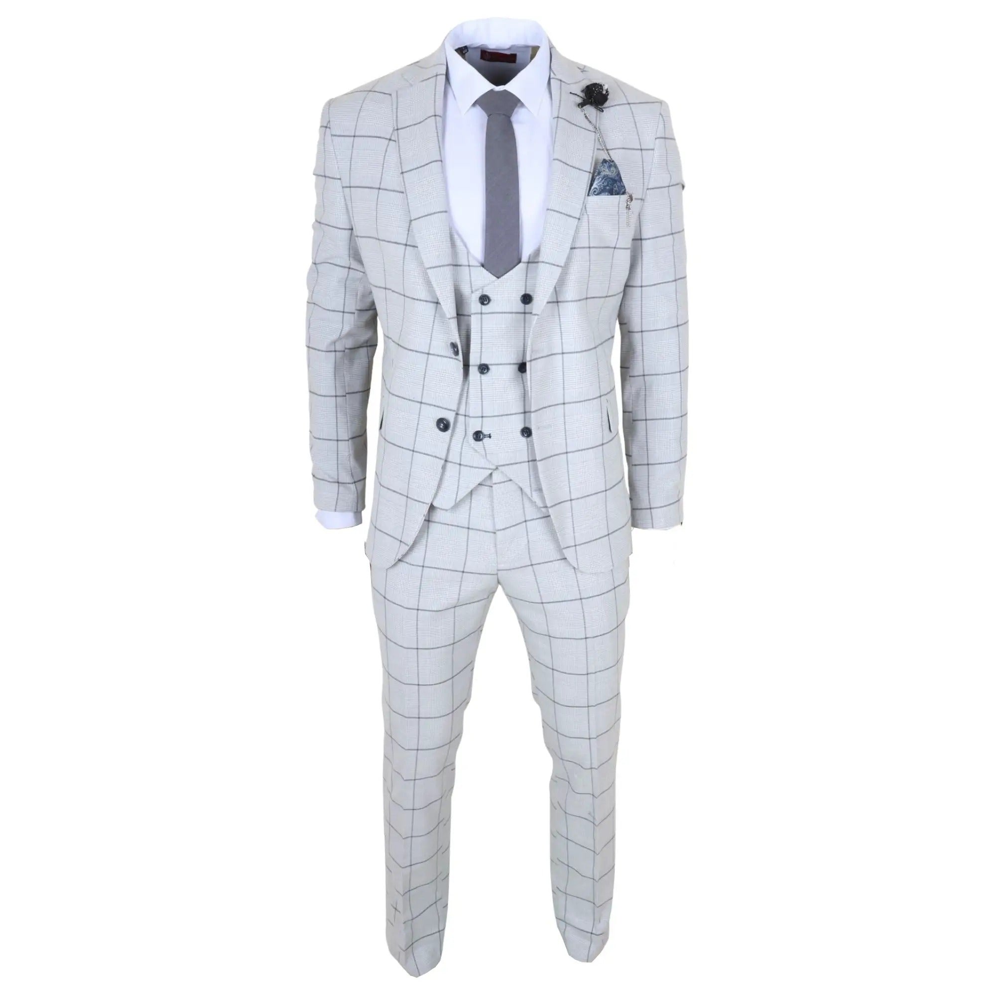 TP-33 - Costum bărbătesc din 3 piese, croială croită, gri, în carouri